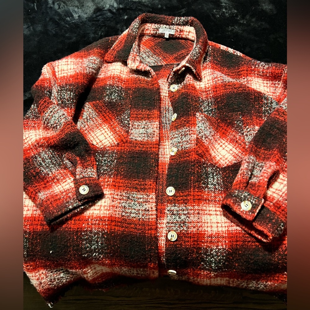 White Birch | Heavy Red Black White plaid Shacket woven with bottom raw hem- XL